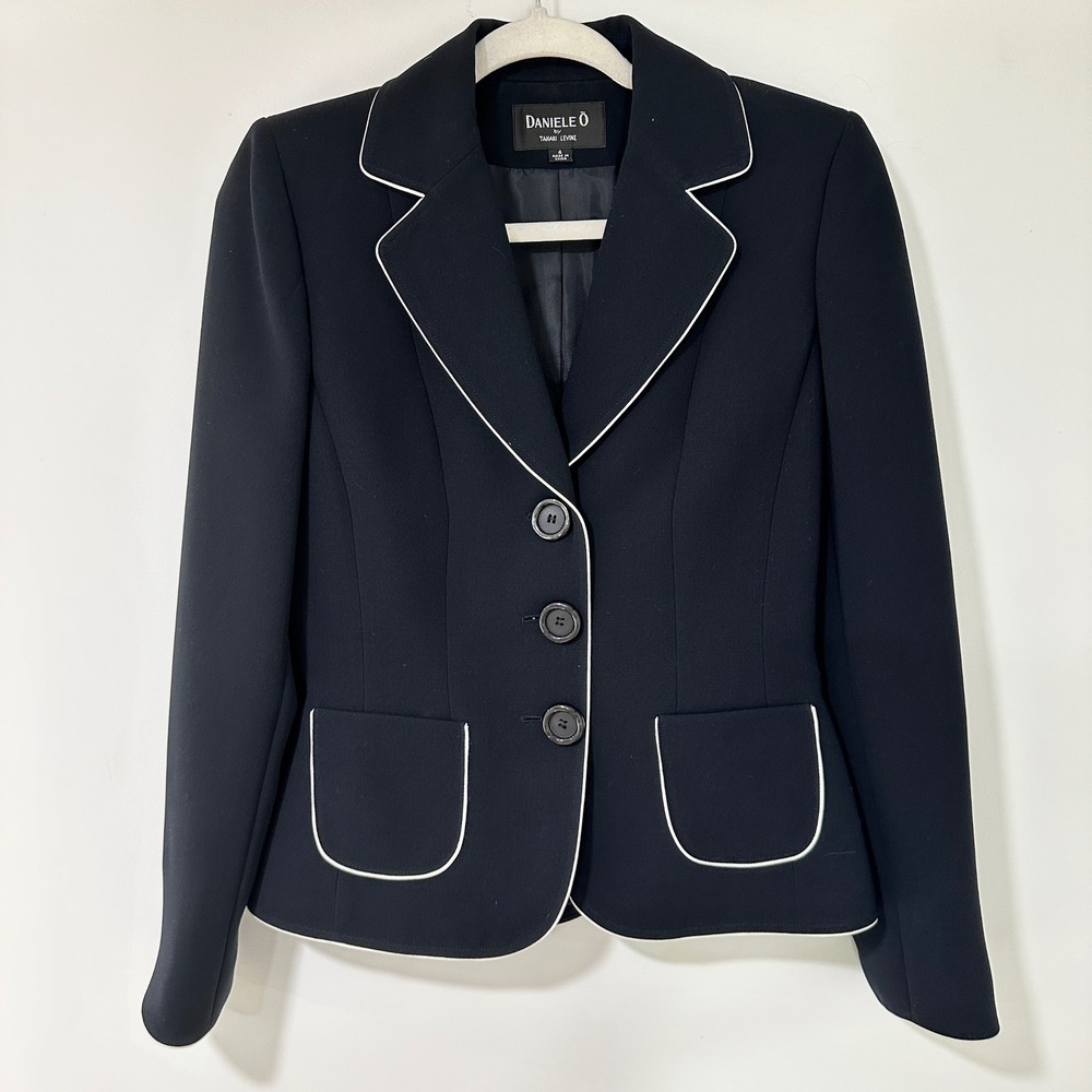 Daniele O Tahari Levine Womens Blazer Polyester Piped Contrast Career 4 Black